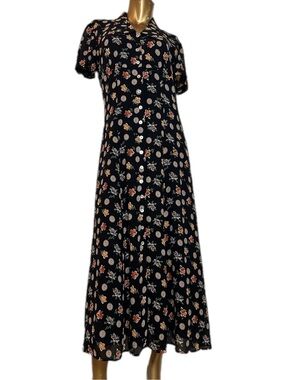 Vintage Donna Ricco New York Rayon Floral Maxi Dress Button Front Tie Back, 10